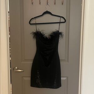 Aqua Black Mini Dress with Feather Detail